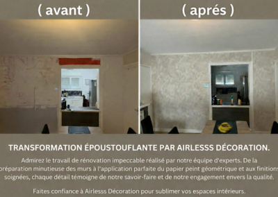 Découvrez cette superbe transformation réalisée par Airlesss Décoration, votre peintre en bâtiment à Sotteville-lès-Rouen 🎨 De la préparation minutieuse des murs à la pose soignée du papier peint, chaque étape a été réalisée avec précision pour offrir un rendu moderne, harmonieux et durable. 👉 Le résultat : un intérieur totalement transformé, plus lumineux et élégant.